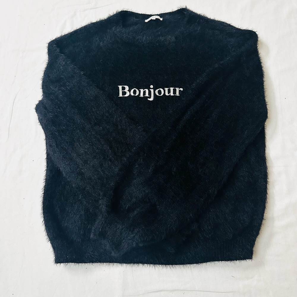 Crescent Black Fuzzy Sweater with French Bonjour‎ Design